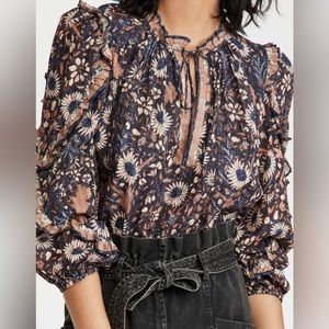Womens Ulla Johnson Navy Brown Floral Long Sleeve Ruffle Top Size 4